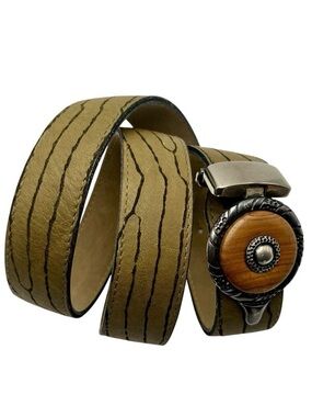 Vtg Zibo Belt Made In France Sz S Zebra Stripe Mod Dep Wood Accent Buckle Green